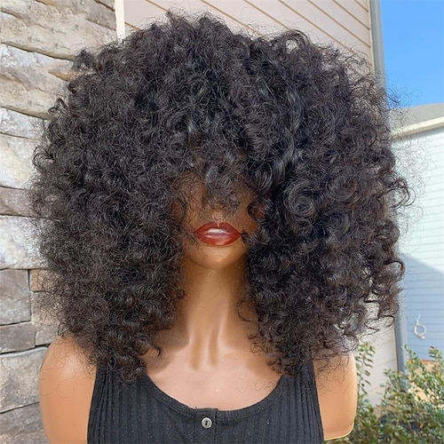 Remy Menschenhaar Perücke Locken Mit Pony Natur Schwarz Kappenlos Brasilianisches Haar Damen Natürlich Schwarz 20 CM 25 CM 30 CM Urlaub Party / Abend Freizeitskleidung Image