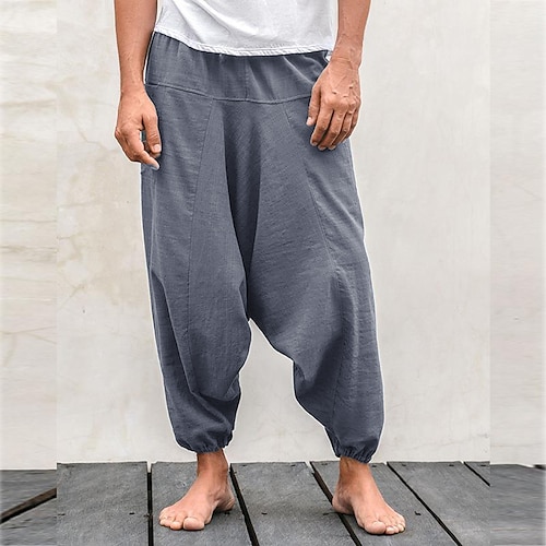 Herren Leinenhose Hose Hosen Sommerhosen Pumphose Strandhose Kordelzug Ausgebeult Drop Schritt Glatt Atmungsaktiv Fitnessstudio Yoga Leinen / Baumwoll Mischung Klassisch Brautkleider schlicht Lockere Image