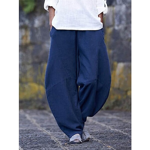 Damen Kunstbaumwollleinen Chinos Hosen Hose Lange Unterhosen Einfach Lässig Volle Länge Hohe Taille Einfach Tasche Elastischer Bund Baggy Komfort Atmungsaktivität Weich Mikroelastisch Täglich Urlaub Image