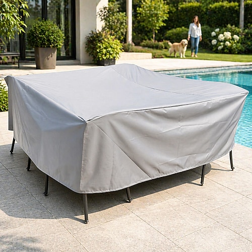 Gartenmöbel-Abdeckung 210D Oxford-Tuch Outdoor-Möbelabdeckung Silber Wasserdichte Abdeckung Gartentisch- und Stuhl-Kombinations-Staubschutzhülle