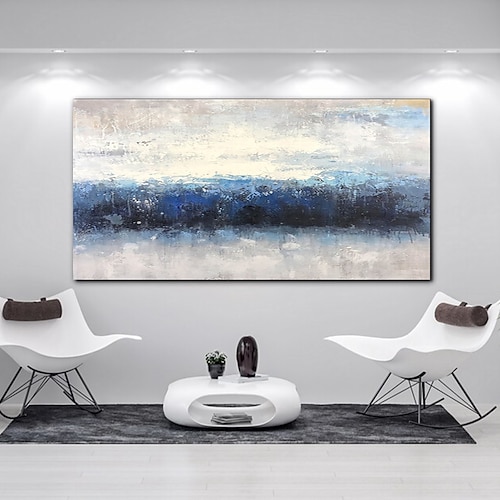 Handgefertigtes Ölgemälde auf Leinwand, Wandkunst, Dekoration, abstrakte Messermalerei, Landschaft, blau, für Wohnkultur, gerollt, rahmenlos, ungedehnt Image