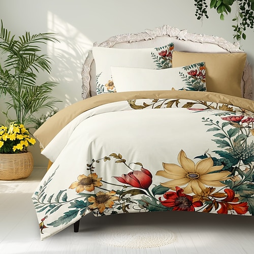 Blumenmuster-Bettbezug-Set, Bettdecken-Set, bedruckter Bettdeckenbezug, Baumwoll-Bettwäsche-Sets mit Umschlag-Kissenbezug, Raumdekoration, King-Size-Bettbezug Image