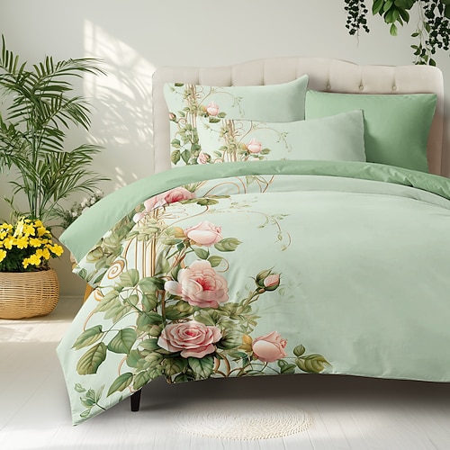 Blumenmuster-Bettbezug-Set, Bettdecken-Set, bedruckter Bettdeckenbezug, Baumwoll-Bettwäsche-Sets mit Umschlag-Kissenbezug, Raumdekoration, King-Size-Bettbezug Image