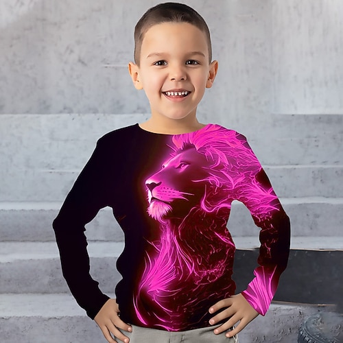 Jungen 3D Graphic Tier Löwe T-Shirt Langarm 3D-Druck Sommer Frühling Herbst Sport Modisch Strassenmode kinderkleidung 3-12 Jahre Outdoor Casual Täglich Regular Fit Image
