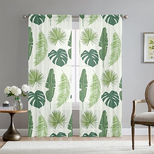 grüne Eukalyptusblätter transparente Vorhänge mit Stangentasche für Wohnzimmer und Schlafzimmer, Chiffon-Bauernhausvorhang für Küche, Balkontür, Fensterbehandlungen, Raumverdunkelung Image