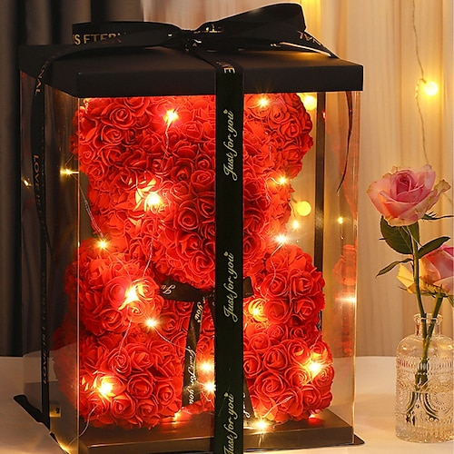 Rosenbär, künstliche Schaumblumen mit LED-Licht und Plastik-Geschenkbox – perfektes romantisches Geschenk für Muttertag, Jahrestag, Hochzeit, Geburtstag, Erntedankfest und Weihnachten, 25 cm Image