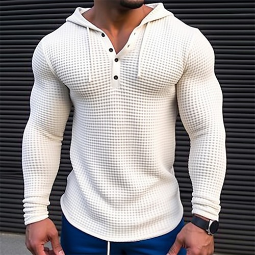 Herren T Shirt Waffel-Henley-Hemd T-Shirt Langarmshirt Langarm Mit Kapuze Frühling Herbst Farbblock Mode Designer Basic Patchwork Urlaub Straße Ausgehen Weiß Khaki Armeegrün Top T-Shirt für Herren Image