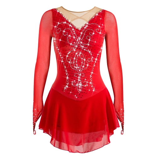 Eiskunstlaufkleid Damen Mädchen Eislaufen Kleid Weiß Schwarz Rot Offener Rücken Netzstoff Spandex Hohe Elastizität Training Wettbewerb Eiskunstlaufkleidung Klassisch Kristall / Strass Langarm Image