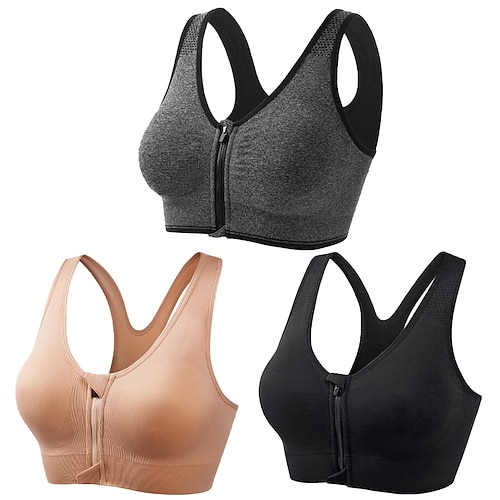 3er-Pack Sport-BHs mit starker Stützfunktion für Damen, Lauf-BH, nahtlos, Racerback-BH-Oberteil mit Reißverschluss vorne, gepolstert, für Yoga, Fitness, Fitnessstudio, Training, atmungsaktiv, Image