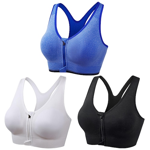 3er-Pack Sport-BHs mit starker Stützfunktion für Damen, Lauf-BH, nahtlos, Racerback-BH-Oberteil mit Reißverschluss vorne, gepolstert, für Yoga, Fitness, Fitnessstudio, Training, atmungsaktiv, Image