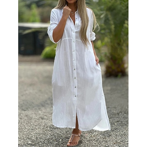 Damen Maxikleid Hemdblusenkleid Baumwoll-Leinen-Kleider Freizeitkleid Baumwoll-Sommerkleid Mode Basic Modern Täglich Outdoor Urlaub Lässiger Schnitt Einfach Langarm Hemdkragen Blau Schwarz Weiß Gelb Image