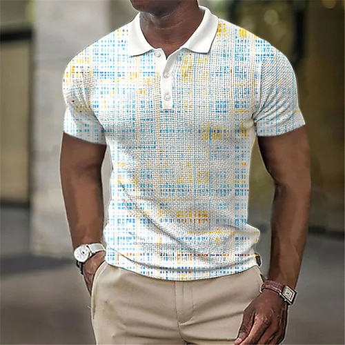 Herren Karomuster Waffel-Poloshirts Golfshirt Kurzarm Polo-Shirts Hemden mit Kragen Business-Casual Arbeitskleidung Formelle Kleidung Festivalkleidung 3D-Druck Knöpfe Blau Weiß Gelb Image