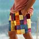 Plaid-Farbblock-Herren-Resort-Boardshorts mit 3D-Druck, Badehose, elastische Taille, Kordelzug mit Netzfutter, Aloha-Hawaiian-Stil, Urlaub, Strand, S bis 3XL