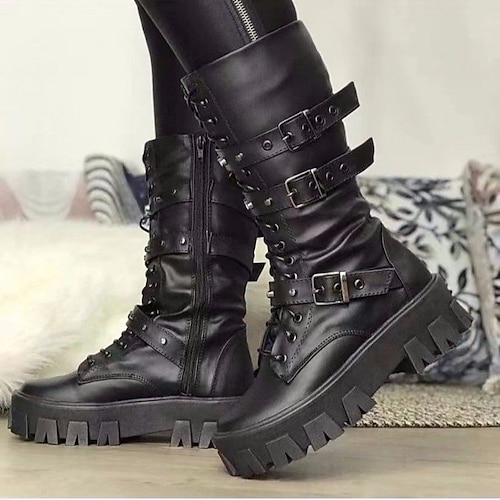 weiße Springerstiefel für Damen – stylische klobige Plateau-Schnürstiefel mit Schnallenriemen und seitlichem Reißverschluss Image