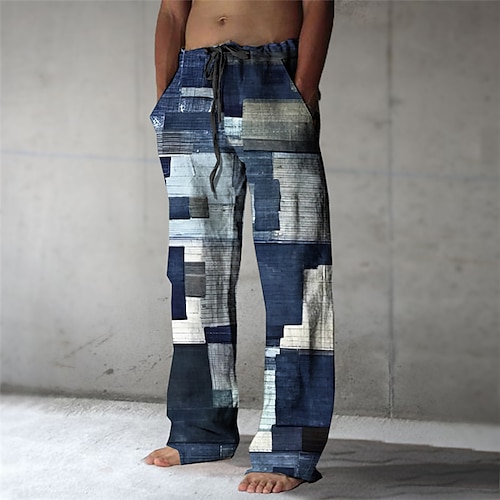 Plaid Farbblock Abstrakt Herren 3D-Druck Hosen Hose Outdoor Strasse Ausgehen Polyester Marinenblau Marineblau Blau S M L Mittlere Taillenlinie Elastizität Hose Image