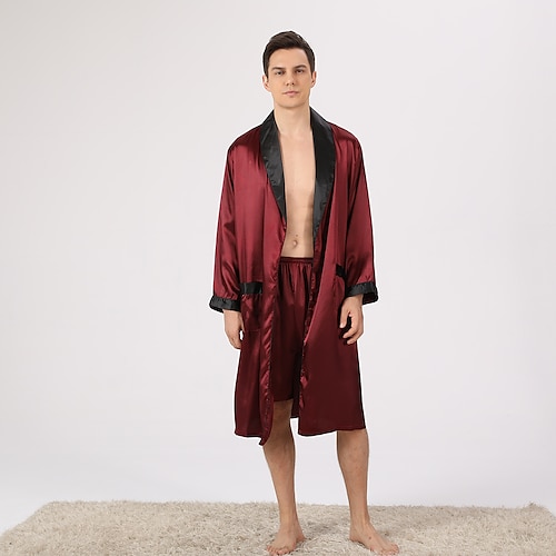 Herren Übergröße Morgenmantel Seidenrobe Kimono aus Seide Sets 2 Stück Wellen Einfach Komfort Heim Täglich Kunstseide Polyester Geschenk Kargen Langarm Robe Top Kurze Hosen Tasche Einstellbar Gürtel Image