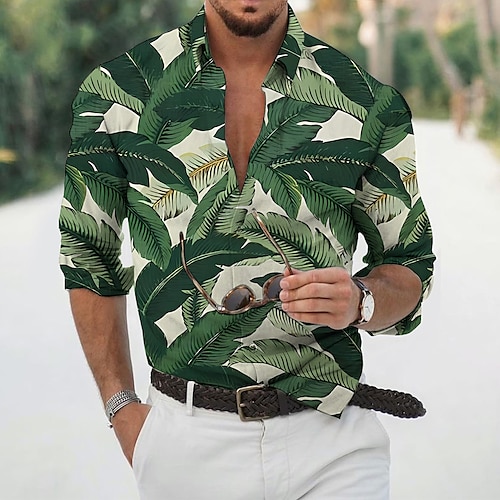 Herren Blätter Tropische Pflanzen Hemd Sommer Hawaiihemd Alohahemd Langarm Hemd Umlegekragen Mode Designer Lässig Urlaub Täglich Ferien Hellgrün Rosa Dunkelgrün 3D-Druck S M L Image