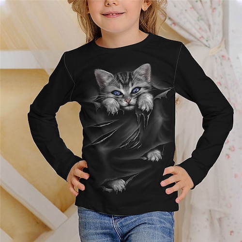 Mädchen 3D Tier Katze T-Shirt Langarm 3D-Druck Herbst Winter Aktiv Sport Modisch kinderkleidung 3-12 Jahre Outdoor Täglich Innen Regular Fit Image