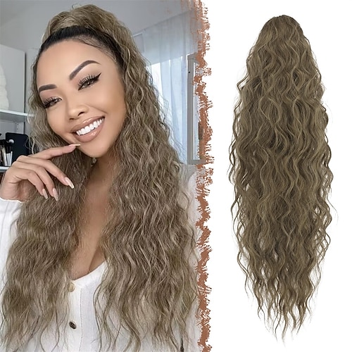 Lange, lockige, gewellte Pferdeschwanz-Verlängerung mit Kordelzug zum Anklipsen, gewellte synthetische Haarteile, Pferdeschwanz-Haarteil mit Kordelzug, Pferdeschwanz-Verlängerung für Frauen, Image