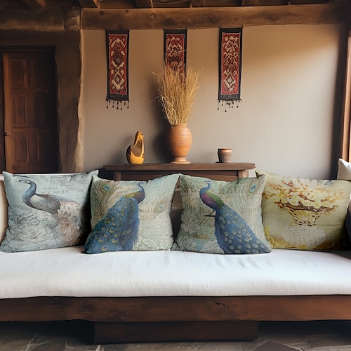 Vintage Pfau doppelseitiger Kissenbezug, 1 Stück, weicher Kissenbezug, Kissenbezug für Sofa, Schlafzimmer, Wohnzimmer, hochwertige Qualität, maschinenwaschbar Image
