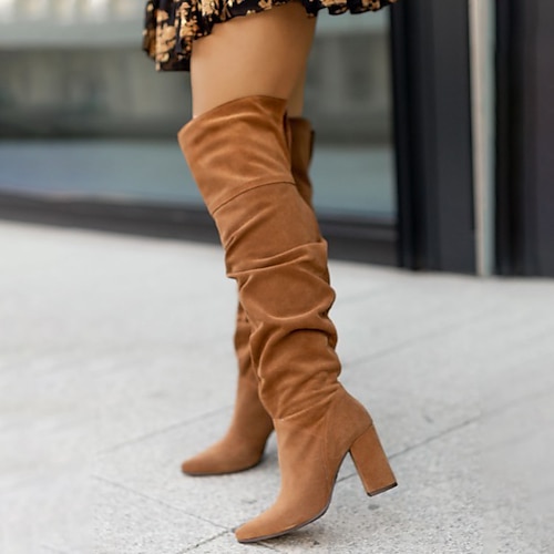 Overknee-Slouchy-Stiefel für Damen mit Blockabsatz, stilvolles Wildlederdesign in mehreren Farben für Herbst- und Winter-Outfits erhältlich Image