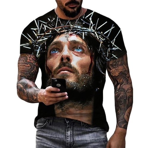 Herren Grafik Glaube T Shirt Kurzarm T-Shirt 3D-Druck Rundhalsausschnitt Hemd Vintage Mode Designer Täglich Outdoor Sport Schwarz / Weiß Schwarz Weiss schwarz Frühling Sommer Bekleidung S M L XL Image