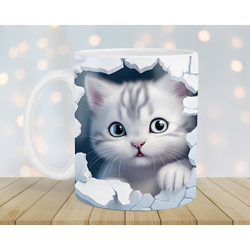 Tasse mit 3D-Druck, Kätzchenloch in einer Wand, Keramik-Kaffeetasse mit Katzenmotiv, 3D-Neuheits-Katzenbecher, Katzenliebhaber-Kaffeetasse, Katzenclub-Tasse, weiße Keramiktasse, Geschenke für Männer und Frauen Image