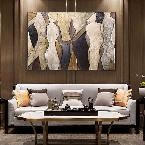 Großes handgefertigtes Ölgemälde mit abstrakten braunen Figuren auf Leinwand, handgemaltes minimalistisches Menschengemälde im Boho-Stil für Wohnzimmer, Wandkunst, Heimdekoration Image