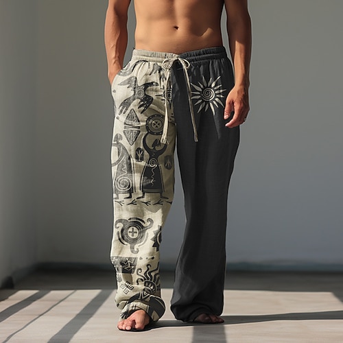 Herren Grafikdrucke Freizeithose Baggy-Hosen Mittlere Taille Ethno-Stil Lässig Kordelzug Elastischer Bund Fronttasche Frühling Sommer Blau Schwarz Khaki Image