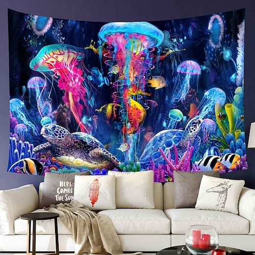 Schwarzlicht Wandteppich UV reaktiv im Dunkeln leuchtend Party Neon Quallen Marine psychedelisch trippig neblig hängender Wandteppich Wandbild für Wohnzimmer Schlafzimmer
