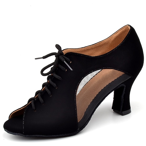 Schwarze Tanzschuhe zum Schnüren mit Mesh-Einsätzen und Peep-Toe-Design für Damen – bequeme Gesellschafts- und Salsaschuhe mit Absatz Image