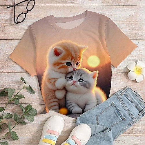 Mädchen 3D Graphic Karikatur Katze T-Shirt Kurzarm 3D-Druck Sommer Frühling Aktiv Modisch Kuschelig kinderkleidung 3-12 Jahre Outdoor Casual Täglich Regular Fit Image