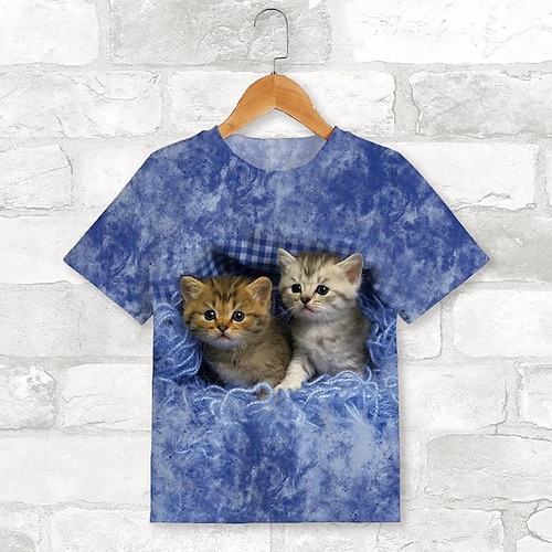Mädchen 3D Graphic Karikatur Katze T-Shirt Kurzarm 3D-Druck Sommer Frühling Aktiv Modisch Kuschelig kinderkleidung 3-12 Jahre Outdoor Casual Täglich Regular Fit Image