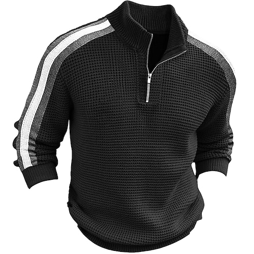 Weihnachtspullover für Herren, Pullover, Pullover mit Viertelreißverschluss, Strickpullover, gerippter Strick, normal gestrickt, Farbblock, Stehkragen, Vintage, warm halten, Alltagskleidung, Ausgehen, Kleidung, Winter Image