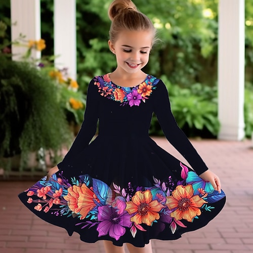 Ostern Mädchen' 3D Blumen Graphic Schmetterling Kleid Langarm 3D-Druck Sommer Herbst Urlaub Sport Natur Täglich Kuschelig Brautkleider schlicht Schön kinderkleidung 3-12 Jahre Casual kleid A Linie Image