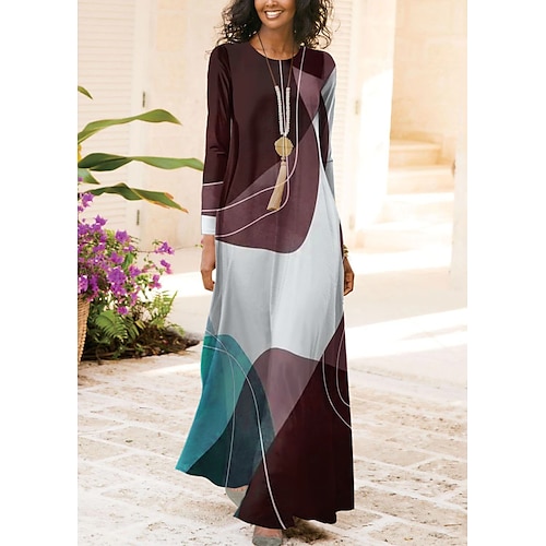 Damen Maxi Kleid Vintage Bohemian A-Linie Kleid Rundhalsausschnitt Langarm Lässig Swing Kleid Shift Kleid Mode Streetwear Modern Outdoor Täglicher Date Regulärer Schnitt Farbblock Rot Blau Lila Image