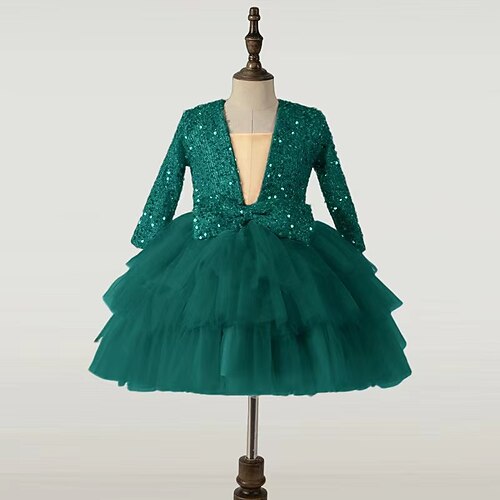 kinderkleidung Mädchen Party Kleid Pailletten Langarm Leistung Hochzeit Jahrestag bezaubernd Prinzessin Baumwolle Übers Knie abendkleider A Linie Kleid Blumenmädchenkleid Herbst Winter 2-12 Jahre Image