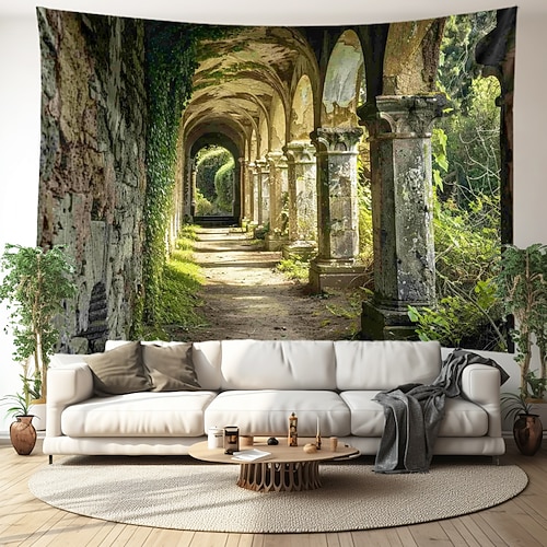 Wandteppich Kreuzgang Wald Landschaft hängende Tapisserie Wandkunst große Tapisserie Wandbild Dekor Foto Hintergrund Decke Vorhang Zuhause Schlafzimmer Wohnzimmer Dekoration Wandtuch XXL Natur Image