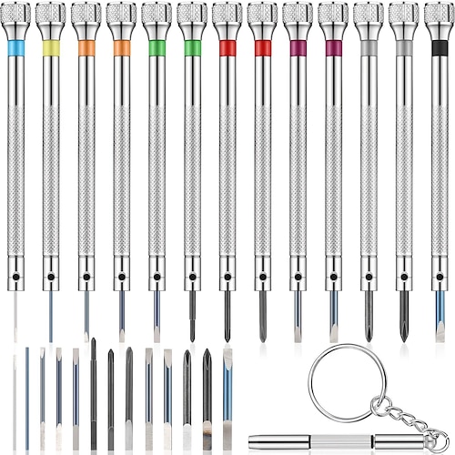 13-teiliges Mikro-Präzisions-Uhrenschraubendreher-Set für Juwelieruhren, 0,6–2,0 mm, mit 13 zusätzlichen Ersatzklingen für die Reparatur von Uhren, Schmuck, Brillen, Elektronik Image