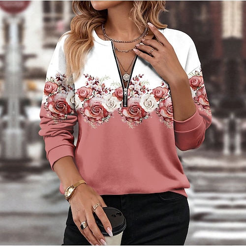 Damen Viertelreißverschluss Pullover Floral Lässig Urlaub Viertel Aktiv Sportbekleidung Halblanger Langarm Top Mikroelastisch Herbst Winter Komfort Atmungsaktives Weiches Material Image