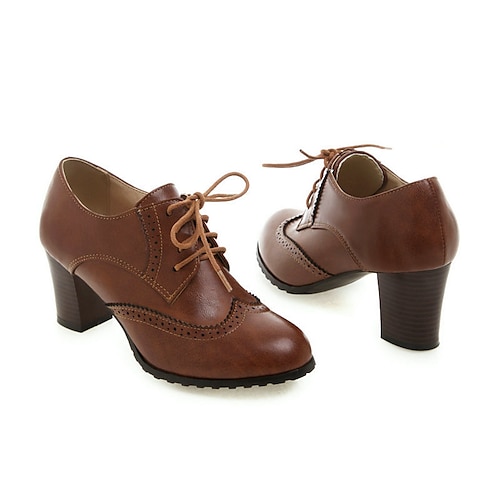 Grüne Brogue-Oxford-Pumps für Damen – Vintage-Schnürschuhe aus Leder mit klobigem Absatz fürs Büro und die Freizeit Image