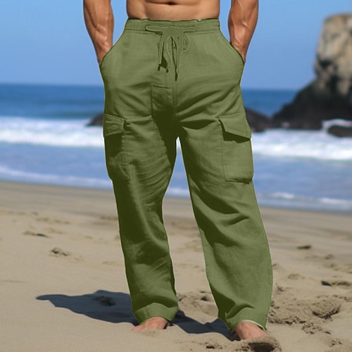 Herren Cargohose Cargohosen Hose Hosen Sommerhosen Strandhose Kordelzug Multi Pocket Gerade geschnitten Glatt Komfort Atmungsaktiv Outdoor Täglich Ausgehen Modisch Brautkleider schlicht Schwarz Weiß Image