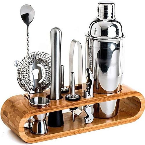 Barkeeper-Kit Cocktail-Shaker-Mixer Edelstahl 350 ml Bar-Werkzeugset mit stilvollem Bambusständer, perfektes Barkeeper-Set für zu Hause und Martini-Cocktail-Shaker-Set