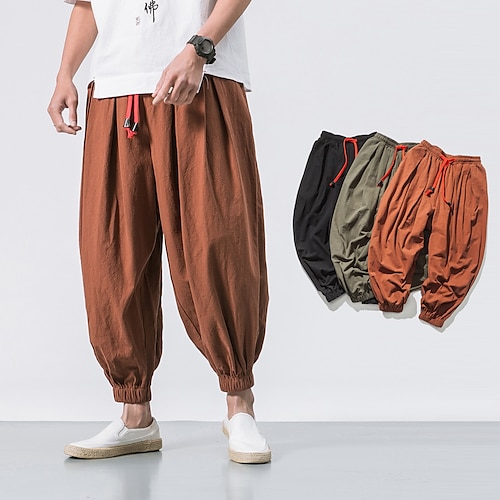 Herren Leinenhose Hose Hosen Sommerhosen Strandhose Jogginghosen Kordelzug Klassisch Glatt Draussen Knöchellänge Heim Täglich Stilvoll Klassicher Stil Lockere Passform Schwarz Braun Mikro-elastisch Image