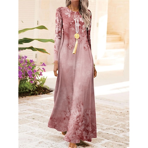 Damen Maxi Kleid Vintage Bohemian A-Linie Kleid Rundhalsausschnitt Langarm Lässig Kleid Winterkleid Swing Kleid Mode Streetwear Modern Outdoor Täglicher Date Fit Floral Pink Blau Lila Herbst Winter Image