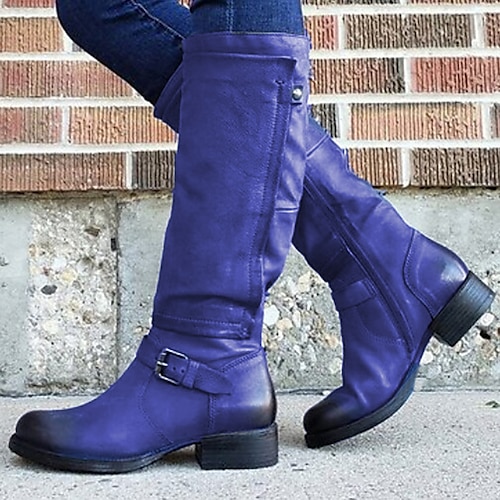 Lilafarbene kniehohe Reitstiefel für Damen mit Schnallenriemen, Vintage-Kunstleder-Stil für lässige Herbst-Outfits, Spaziergänge im Freien und Reiten Image