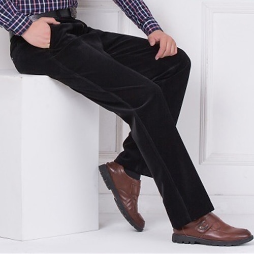 Herren Cordhose Winterhose Hose Hosen Freizeithose Tasche Gerade geschnitten Einfarbig Komfort Warm Täglich Ausgehen Modisch Strassenmode Schwarz Wein Hoher Taillenbund Mikro-elastisch Image
