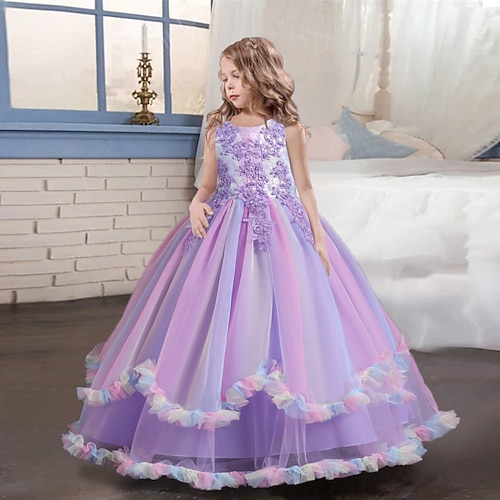 Kinder Mädchen Kleid Blume ärmellos Performance Party Spitze süßes Polyester knielanges Tüllkleid Sommer Frühling Herbst 4–13 Jahre blau Image