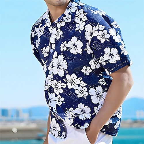Herren Blumen Tropische Blumen Hemd Sommerhemd Strandhemd Kurzarm Hemd Umlegekragen Modisch Atmungsaktiv Komfortabel Outdoor Strasse Casual Meeresblau Blau Blau / Weiß S M L Image