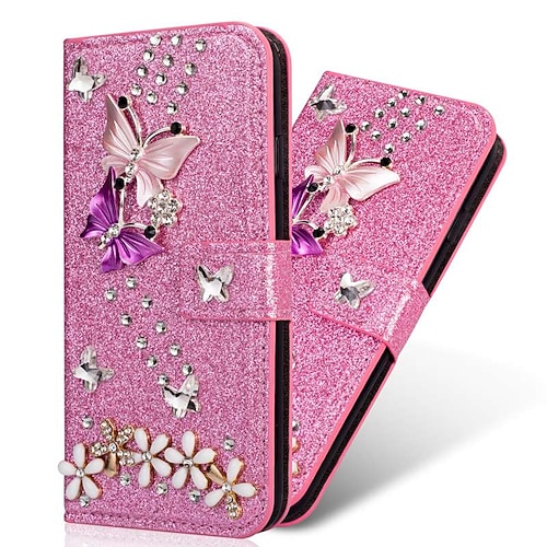 Handy Hülle Handyhüllen Für Samsung Galaxy S25 S24 S23 S22 S21 FE S21 Ultra Plus A55 5G A35 5G A25 A15 Brieftaschenhülle Strass Magnetisch Glitzer Glanz Schmetterling Glitzernd PU-Leder Image